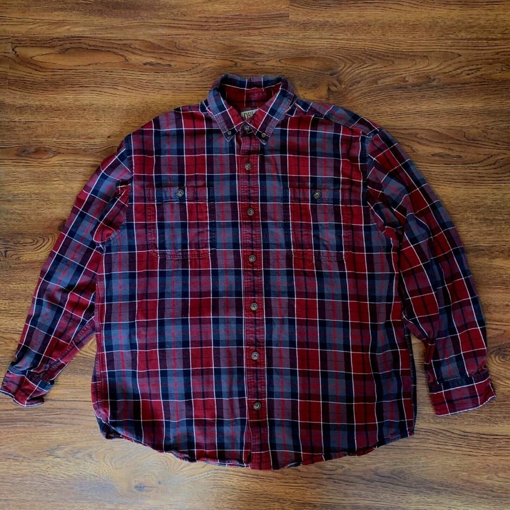Duluth Trading Co Mens Flannel Shirt Red Black Gray Buffalo Plaid Lumberjack XL